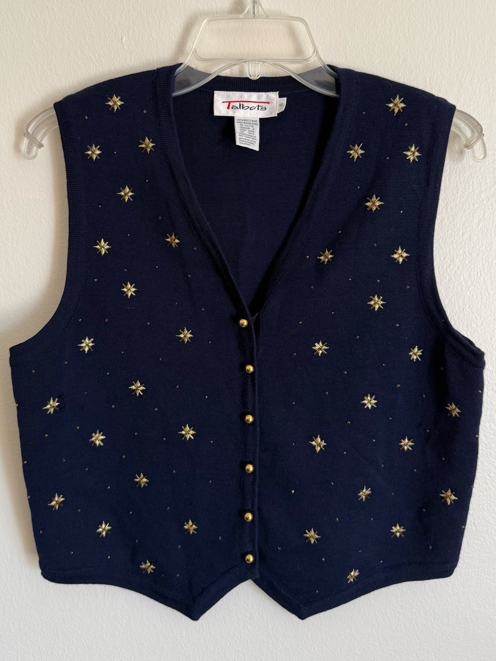 Vintage Talbots Navy V-Neck Wool Knit Vest Gold Star Embroidered & Beaded Small
